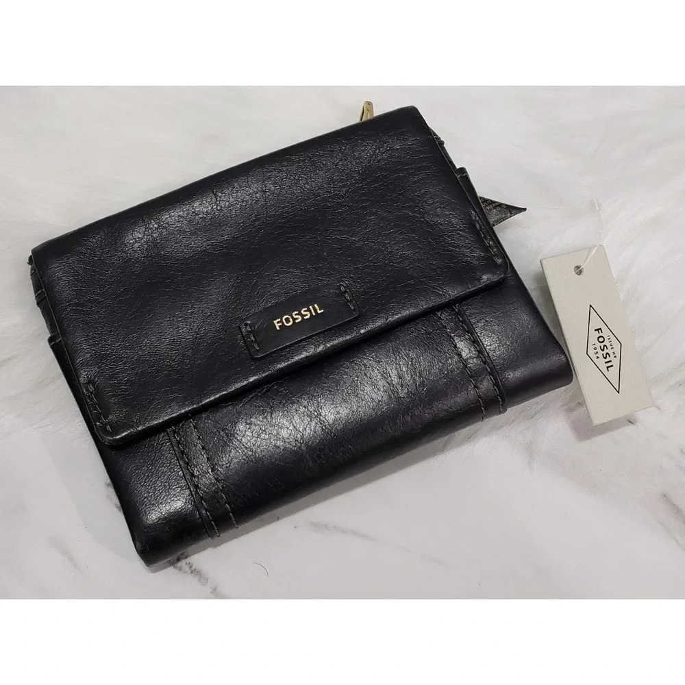 NEW Fossil Ellis Multi function Leather Wallet in Black Card Holder Womens